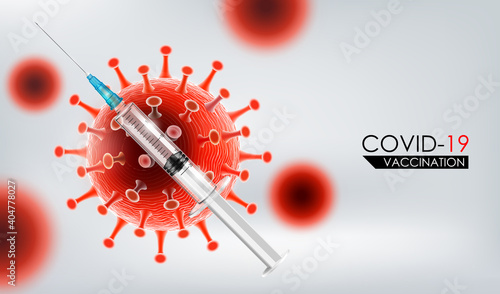 Coronavirus vaccine concept, Covid-19 coronavirus vaccination with vaccine bottle and syringe injection tool for covid19 immunization treatment and prevention, vector illustration