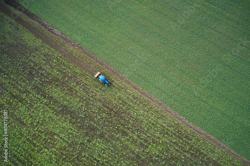 Top view of the field, tractor harvesting.