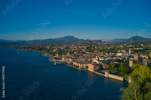 Panoramic aerial view of the Scaligero Castle of Lazise. Italian resort on Lake Garda top view. Lazise town  lake garda  Italy.