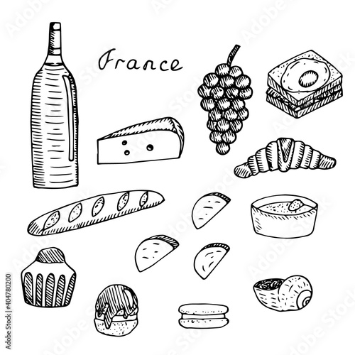 Set of French cuisine, wine and traditional snacks, vector illustration, hand drawing