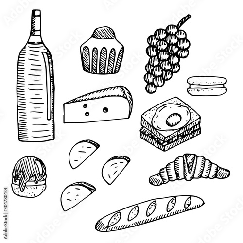 Set of food for a picnic, wine and snacks, vector illustration, hand drawing
