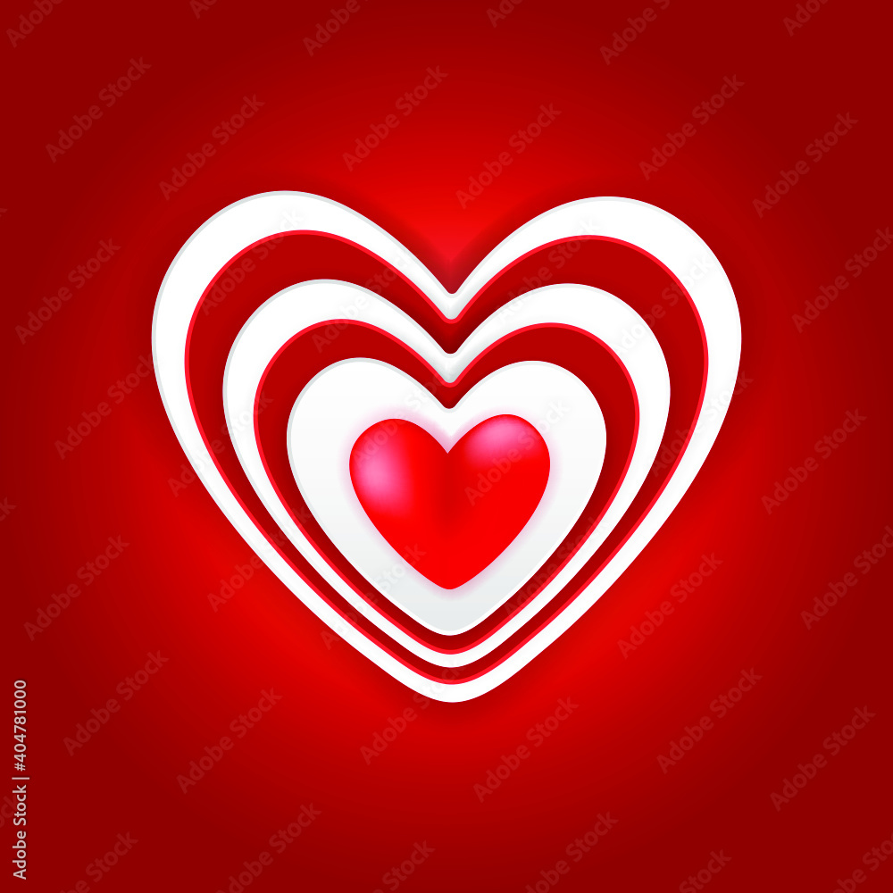 Valentine's Day background. 3D hearts on the red backdrop. Vector illustration EPS10