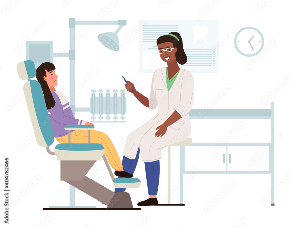 Doctor brushes child s teeth with toothbrush. Girl and dentist in dental office. Medical service for kids, health care. Teeth treatment vector illustration. Patient at the appointment with a doctor Doctor brushes child s teeth with toothbrush. Girl and dentist in dental office. Medical service for kids, health care. Teeth treatment vector illustration. Patient at the appointment with a doctor