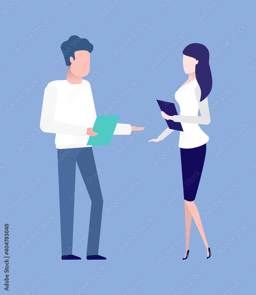 Businessman and secretary talking vector, isolated people holding documents and papers notes concerning business project and details of meeting problems