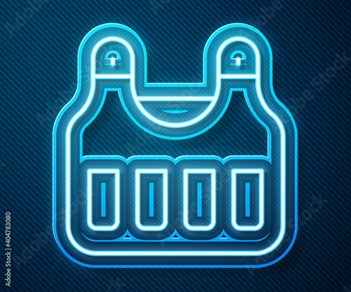 Glowing neon line Bulletproof vest for protection from bullets icon isolated on blue background. Body armor sign. Military clothing. Vector.