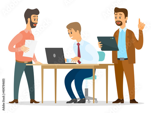 Close-knit work of office workers or team. Guy working on laptop, male standing with paper sheet, man with tablet. Office overwork, making creative decisions, brainstorming. Financing creative project