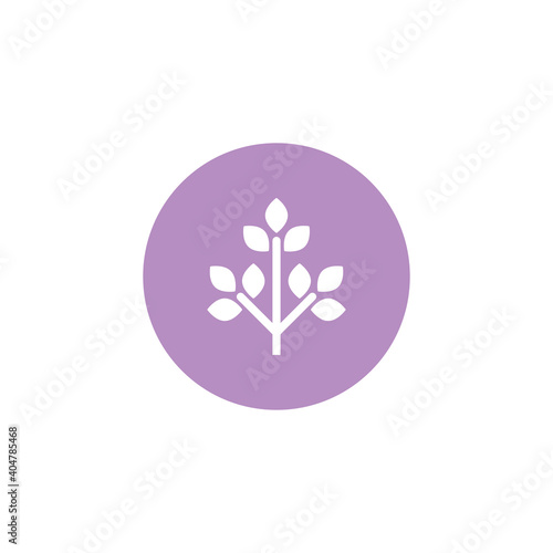 White flat icon of lavender flower in violet circle.