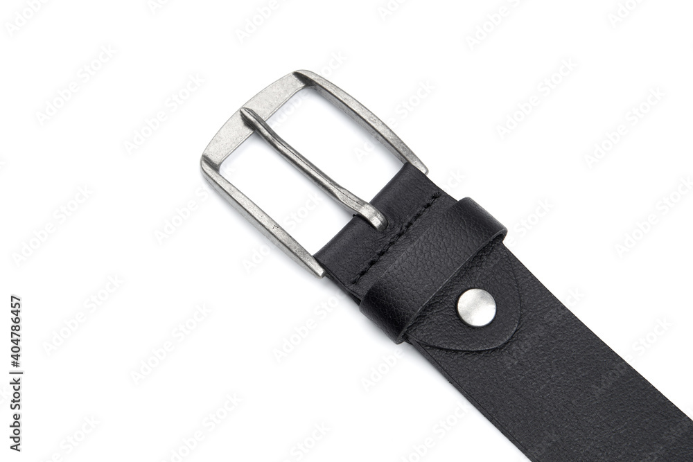 Fastened fashionable men's leather belt with dark matted metal buckle isolated on white background. Black belt for men. Black leather belt for trousers and jeans. Male accessory.