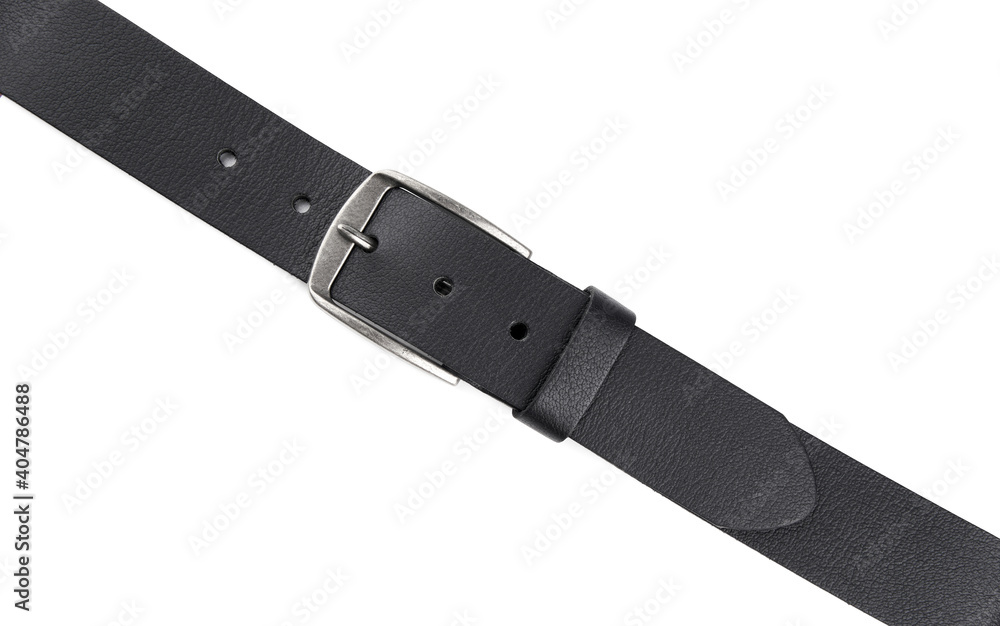 Fastened fashionable men's leather belt with dark matted metal buckle isolated on white background. Black belt for men. Black leather belt for trousers and jeans. Male accessory. Fastened fashionable men's leather belt with dark matted metal buckle isolated on white background. Black belt for men. Black leather belt for trousers and jeans. Male accessory.