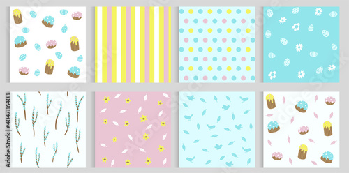 Set of cute seamless background patterns in spring flowers, Easter, gift wrapping paper. easter eggs, cupcakes, birds, willow