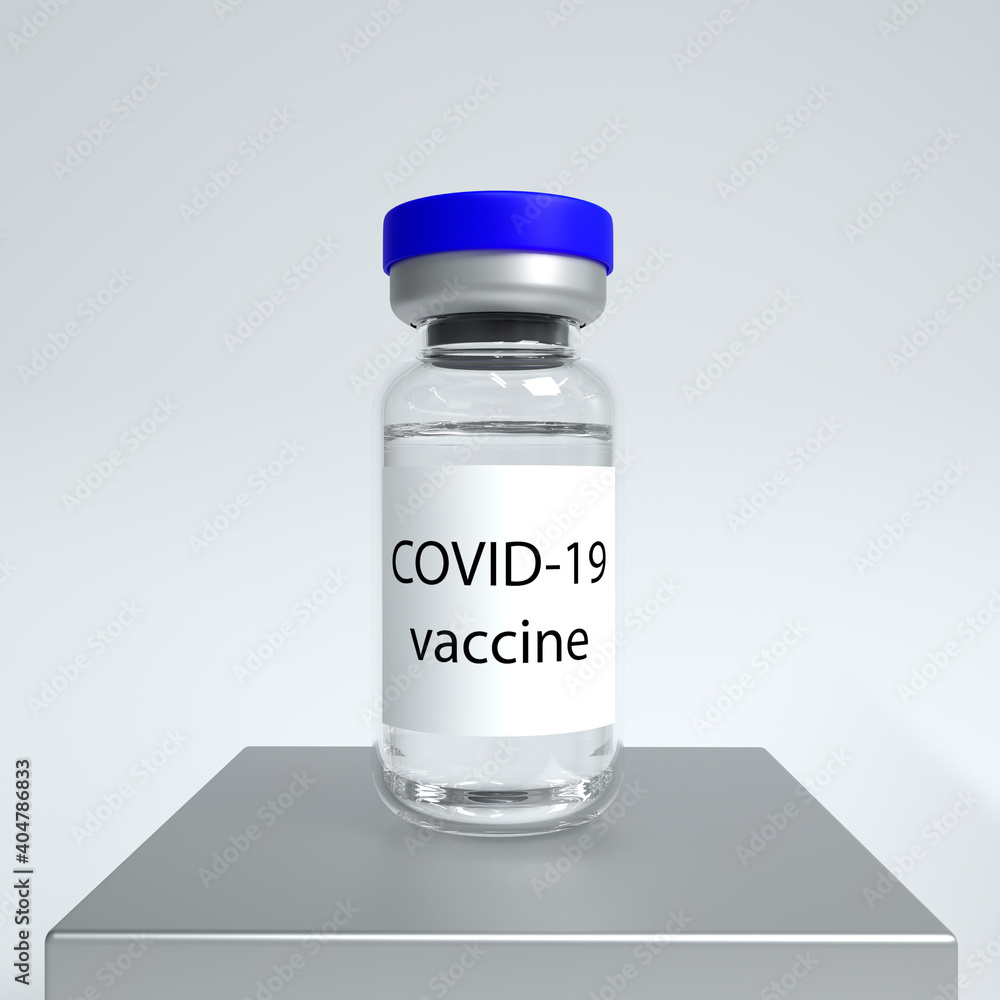 A mock-up of a medical vial of the vaccine. Production of drugs. 3d rendering.
