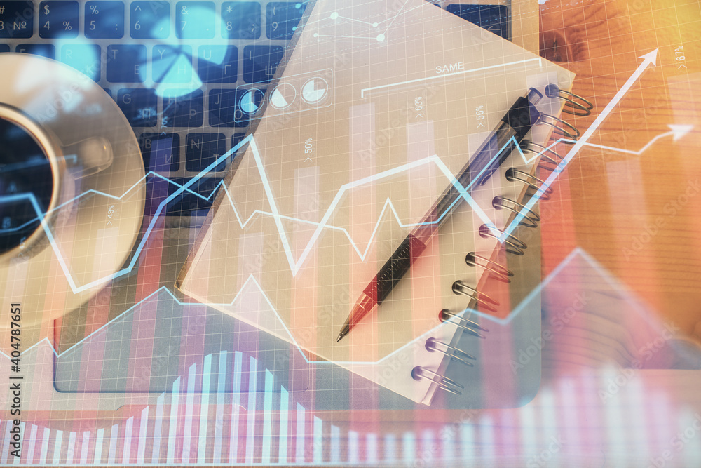 Multi exposure of forex chart drawing and work table top veiw. Concept of financial analysis. Multi exposure of forex chart drawing and work table top veiw. Concept of financial analysis.
