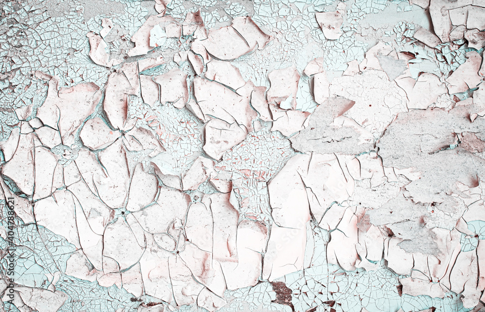 Fototapeta premium Old grungy cracked white and blue grey weathered wall paint peeling off rusted metal sheet. Textured background for posters and bloggers