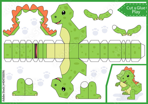 Cut and glue the paper 3d cute dinosaur. Kids worksheet. Children art game. Kids crafts activity page. Create toys yourself. Birthday party decoration. Vector illustration.