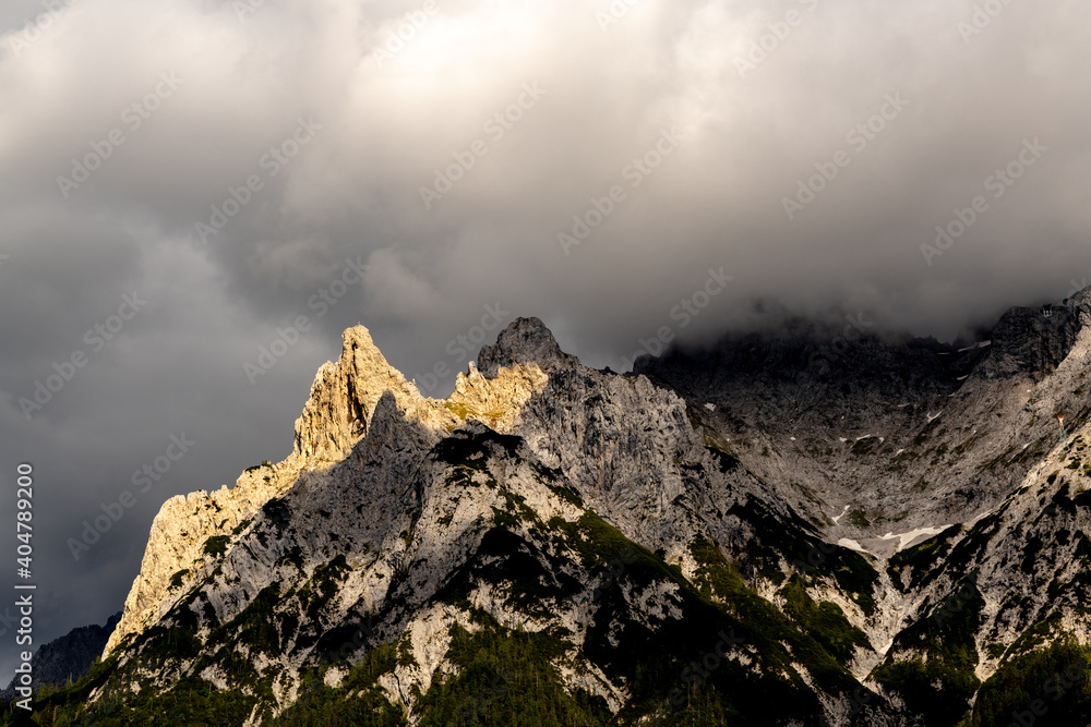 view with the top of mount Karwendel in Germany among heavy clouds view with the top of mount Karwendel in Germany among heavy clouds