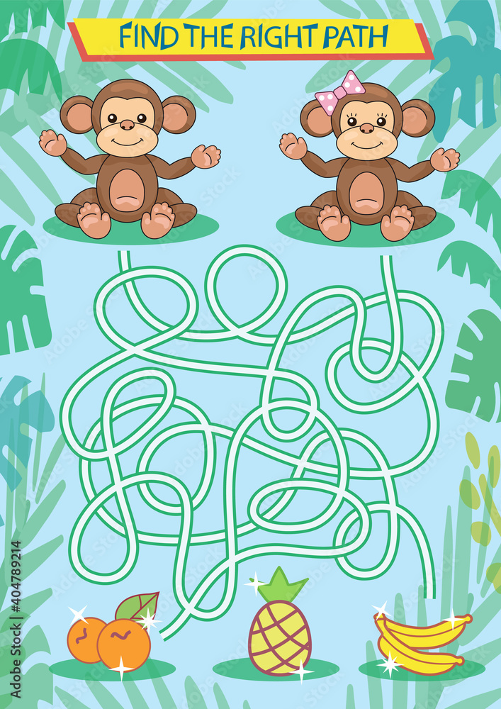 Fototapeta premium Children maze with a cute monkeys. Kids labyrinth game and activity page. Find the right path to fruits. Funny riddle. Education developing worksheet. Vector illustration.