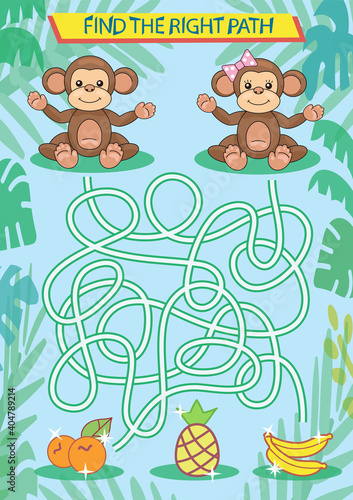 Children maze with a cute monkeys. Kids labyrinth game and activity page. Find the right path to fruits. Funny riddle. Education developing worksheet. Vector illustration.