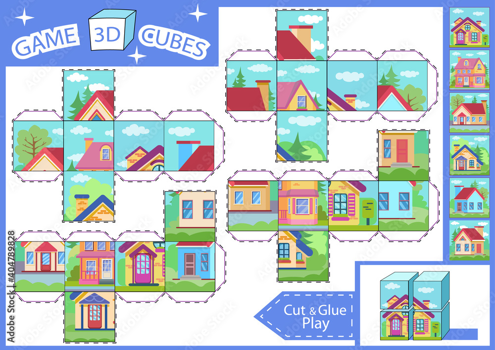 Kids paper craft. 3d Cubes puzzle. Cut and glue cube with cartoon houses. Children activities game. Find matching parts picture. Kids activity page for book. Vector illustration.