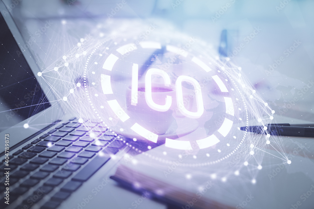 Double exposure of crypto technology drawing and desktop with coffee and items on table background. Concept of blockchain