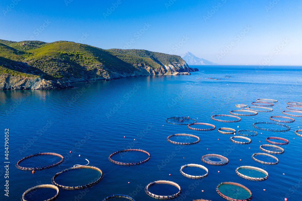 Ταπετσαρία Dorado fishing farm in Greece aerial photography
