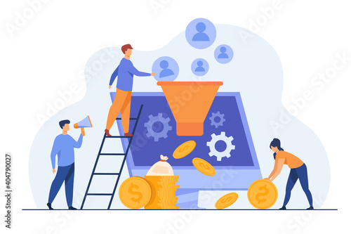 Bloggers attracting audience and getting money. Influencers generating new leads. SMM managers working on followers retention and inbound. Vector illustration for social media marketing concept