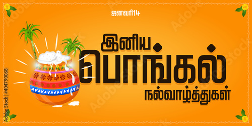 Happy Pongal religious festival of South India celebration background and Happy pongal translate Tamil text - Illustration Vector
