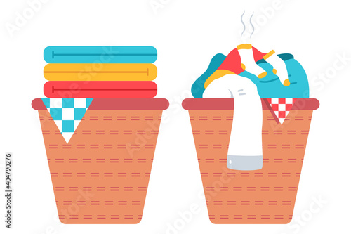Laundry basket with clean and dirty clothes vector cartoon illustration isolated on a white background.