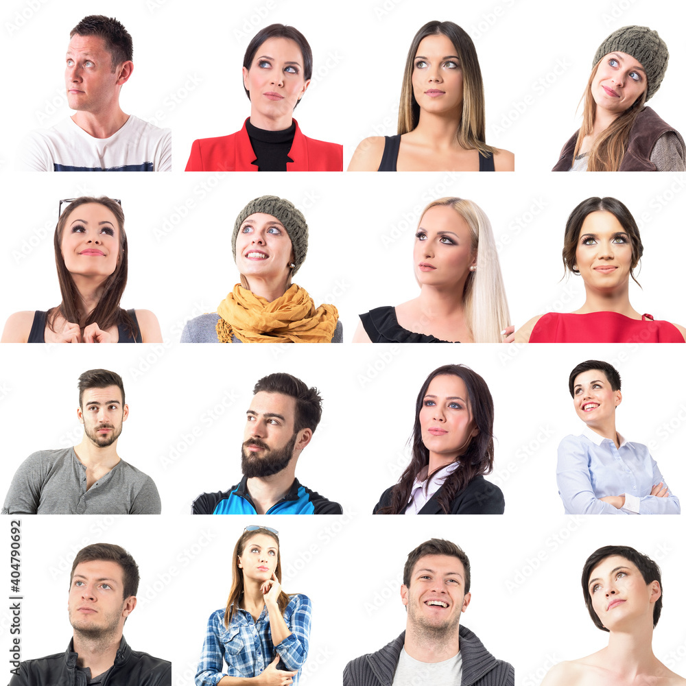 Set of many different young people portraits looking up thinking isolated on white background. Set of many different young people portraits looking up thinking isolated on white background.