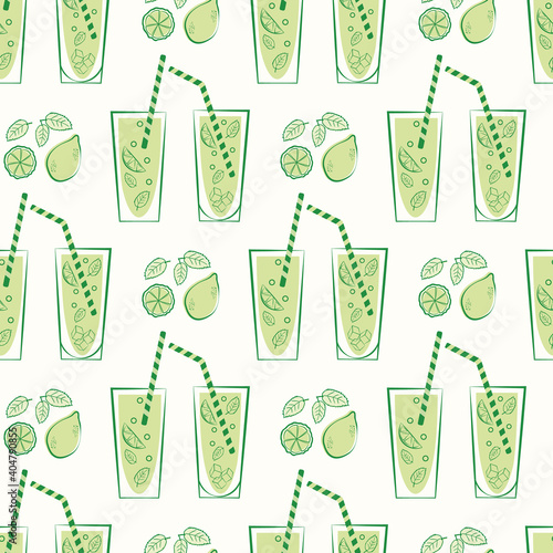 Mint lemonade glass vector seamless pattern background. Retro green white backdrop with line art style drinks glasses, straws, citrus fruit, minty leaves. Geometric beverage repeat for summer