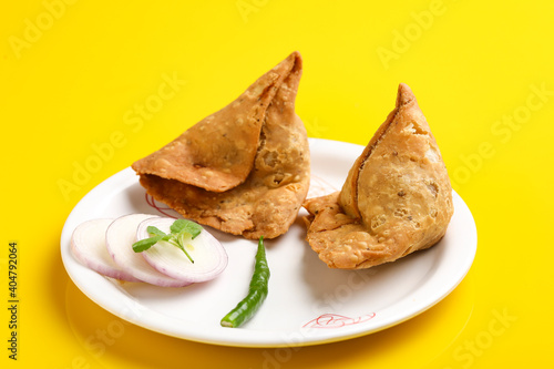 homemade Potato samosa in plate. Famous snacks in india