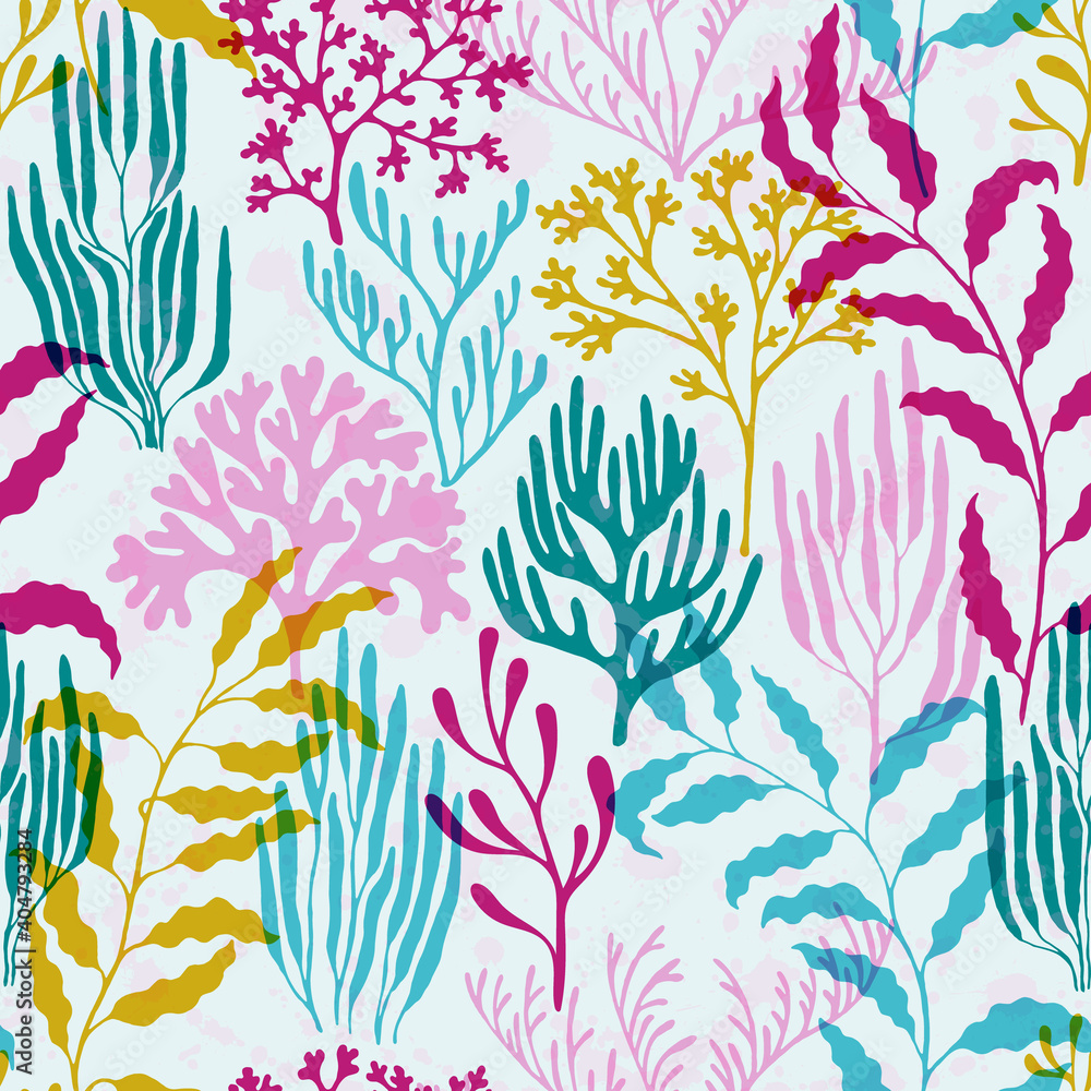 Coral polyps seamless pattern., Tropical coral reef bush silhouette elements. Coral polyps seamless pattern., Tropical coral reef bush silhouette elements.