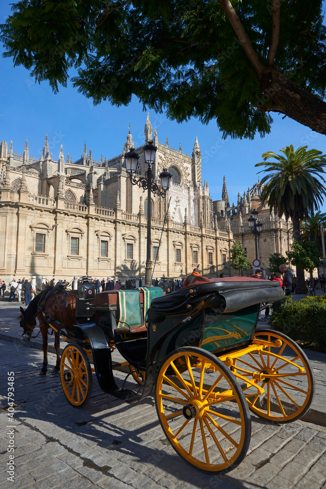 Seville, Andalusia, Spain, Europe. Horse carriage and view of the Cathedral of Seville