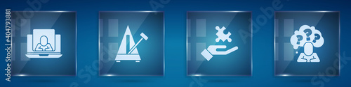 Set Psychologist online, Metronome with pendulum, Solution to the problem and Head question mark. Square glass panels. Vector.