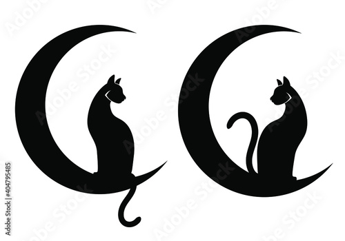 Vector illustrations, two cats sitting on crescent Moons. Black silhouettes drawn on a white background. Tattoo, creative logo, wall decals, artwork, minimalist wall art, poster design