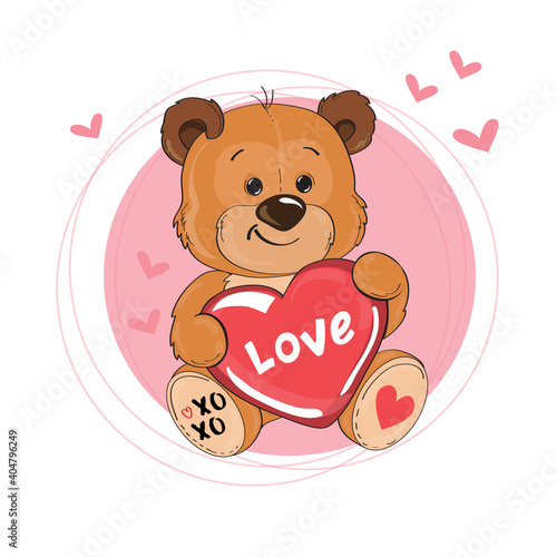 Cute teddy bear holding a heart with the inscription love isolated. Valentine s Day card. Vector cartoon illustration