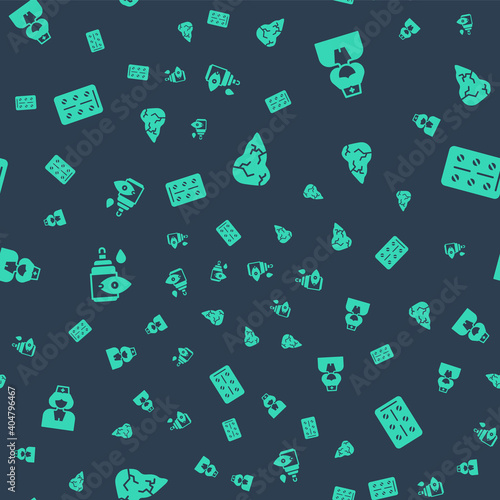 Set Hepatitis virus, Nurse, Eye drop bottle and Pills in blister pack on seamless pattern. Vector.