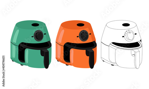 Kitchen appliance air fryer with open bowl and ready to be filled with roasting products. air frying semi sideways in different colors and linear style for smart cooking technique graphic posters.