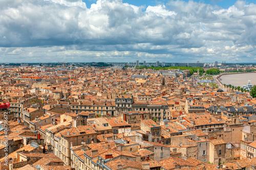 Bordeaux aerial cityscape . Panorama of old french town  . Aerial view of red tiled rooftops in the city 