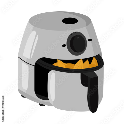 Open-bowl kitchen deep fryer with ready-made fries. Electronic device for cooking food, fast and quality cooking in the kitchen. air fryer on a white background.