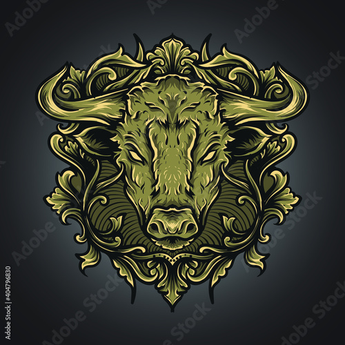 artwork illustration and t-shirt design bull head engraving ornament premium vector