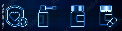 Set line Medicine bottle, Shield and heart rate, Medical bottle with nozzle spray, Medicine bottle and pills and Awareness ribbon. Glowing neon icon on brick wall. Vector.