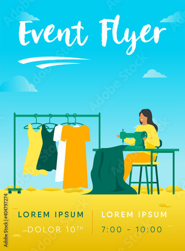 Woman sewing new dress on stitching machine. Seamstress, cloth, apparel flat vector illustration. Fashion and craftwork concept for banner, website design or landing web page