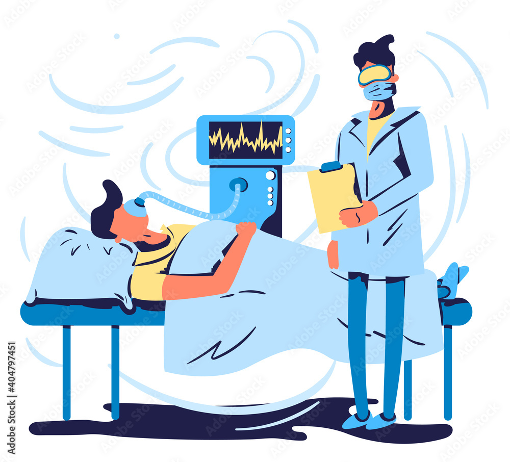 Artificial lung ventilation for covid patient, intensive care in hospital, man infected by covid. Flat design Illustration. Vector.