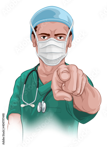 Photo A nurse or doctor in surgical or hospital scrubs and mask pointing in a your cou