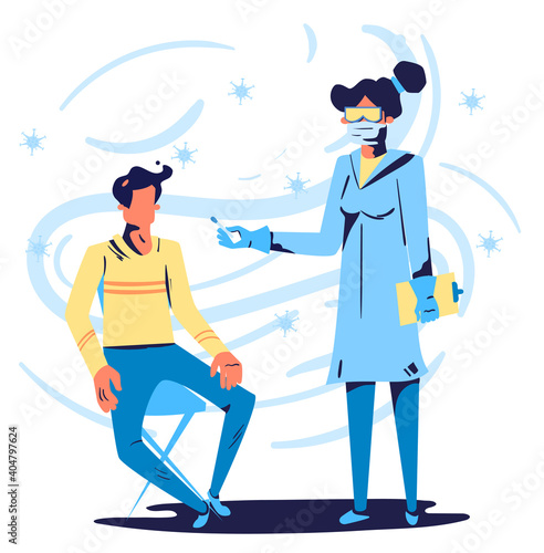 Covid test, doctor collects nose mucus by swab sample for covid-19 infection, patient being tested, medical checkup. Flat design Illustration. Vector.