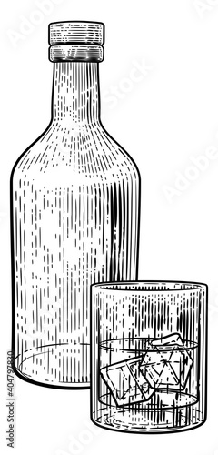 A drink cocktail in a glass with ice accompanied by a bottle in a vintage woodcut engraved or etched style