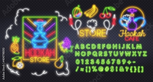 Hookah lounge neon sign with neon fruits. Hookah with smoking hose on brick wall background. Vector illustration in neon style for oriental restaurant and club