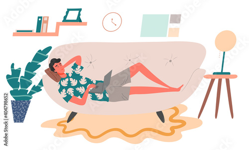 A man freelancer lying down on cozy sofa and working using laptop. Concept of remote work from home. Flat design Illustration. Vector.