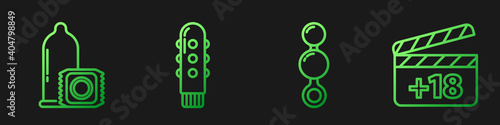 Set line Anal beads, Condom, Dildo vibrator and Movie clapper with 18 plus content. Gradient color icons. Vector.