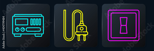 Set line Electrical measuring instruments, Electric light switch and Electric plug. Black square button. Vector.
